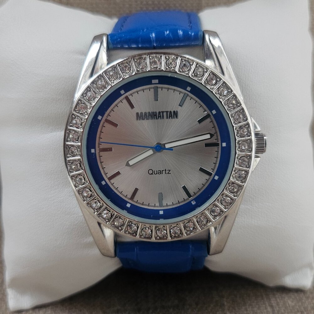 Manhattan by Croton Women Watch Crystal Accent Blue Leather Band Wrist Watch